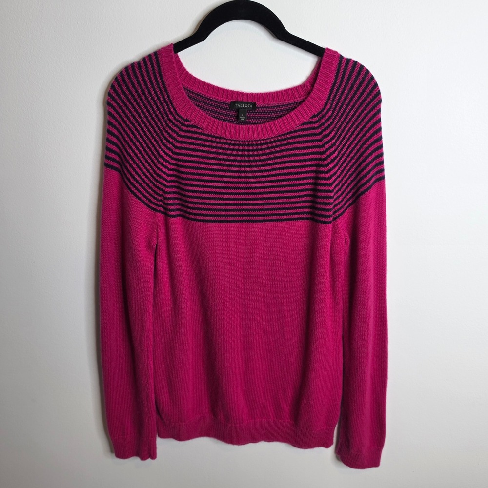 Talbots Sweater Women Large Pink Navy Blue Striped Raglan Sleeve Knit Pullover